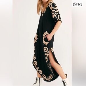 Free People Black and Cream Embroidered Knit Maxi Dress